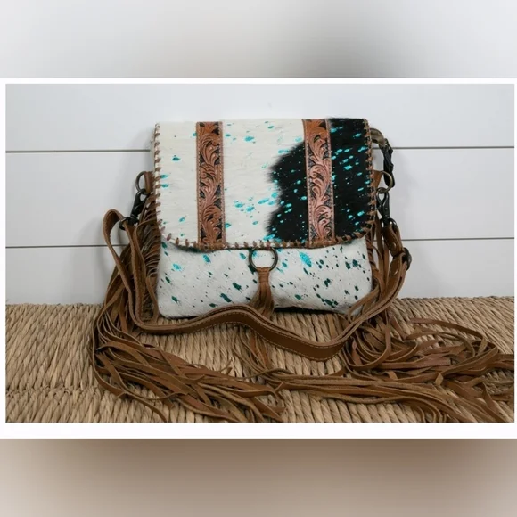 Cross Body Country Western Fringe Blue NFR Tooled Leather Bag Purse cowgirl - Picture 2 of 9